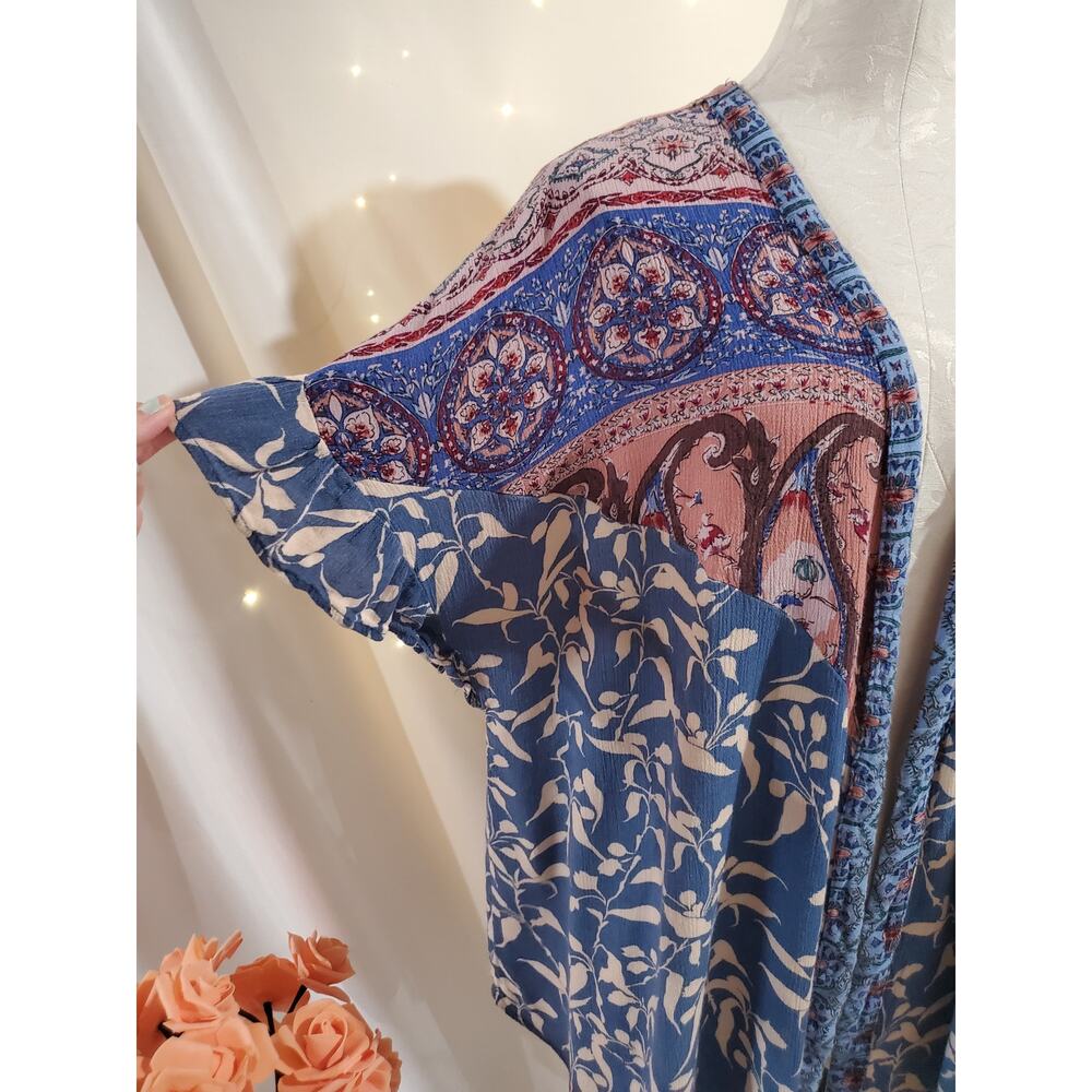 Umgee Boho Mixed Print Oversized Open Kimono Cardigan Top Womens Size S Ruffle - Picture 2 of 10
